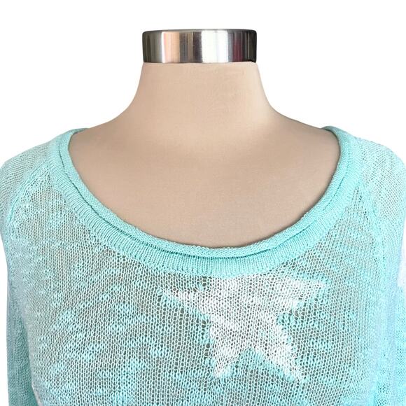 Aqua White Star Loose Weave Slouchy Sweater LARGE Beachy Whimsical Layering - Picture 2 of 10